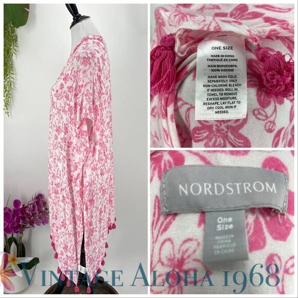 Nordstroms Swim Cover-up Summer Open Front Poncho Pink White Floral - Picture 3 of 6